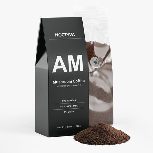 NOCTYVA AM Mushroom Coffee front view with clear bag