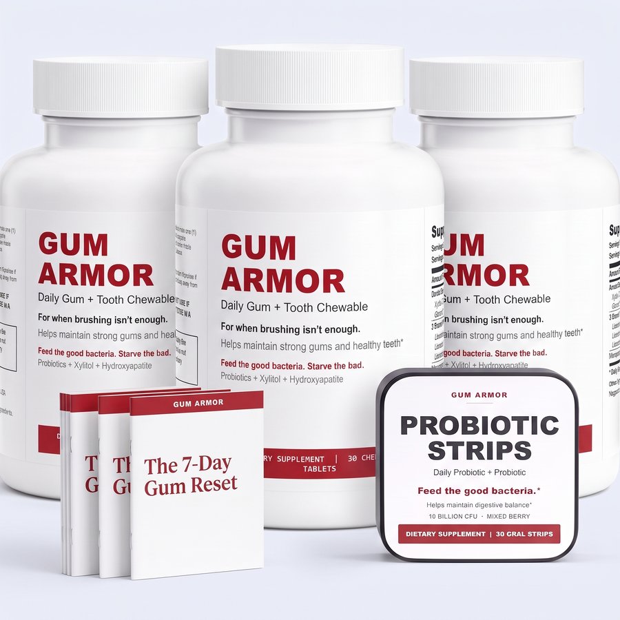 Three Gum Armor bottles with the free Probiotic Strips tin